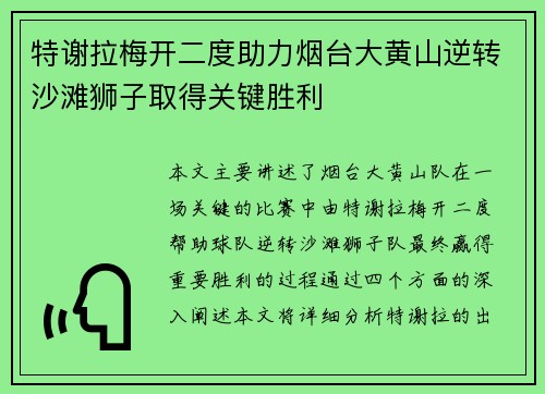 特谢拉梅开二度助力烟台大黄山逆转沙滩狮子取得关键胜利