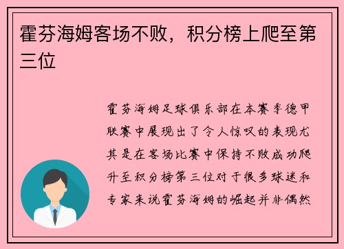 霍芬海姆客场不败，积分榜上爬至第三位