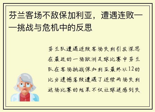 芬兰客场不敌保加利亚，遭遇连败——挑战与危机中的反思