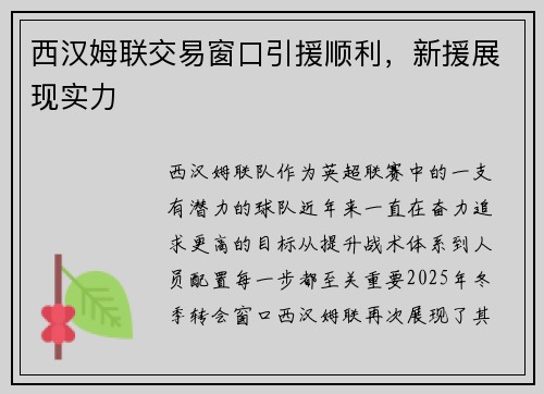 西汉姆联交易窗口引援顺利，新援展现实力