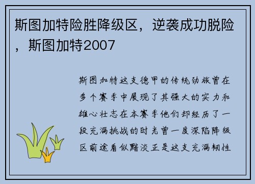 斯图加特险胜降级区，逆袭成功脱险，斯图加特2007
