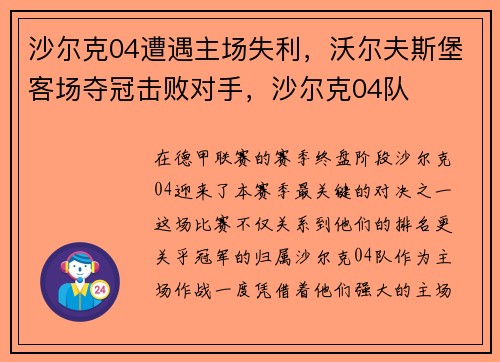 沙尔克04遭遇主场失利，沃尔夫斯堡客场夺冠击败对手，沙尔克04队