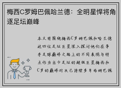 梅西C罗姆巴佩哈兰德：全明星悍将角逐足坛巅峰